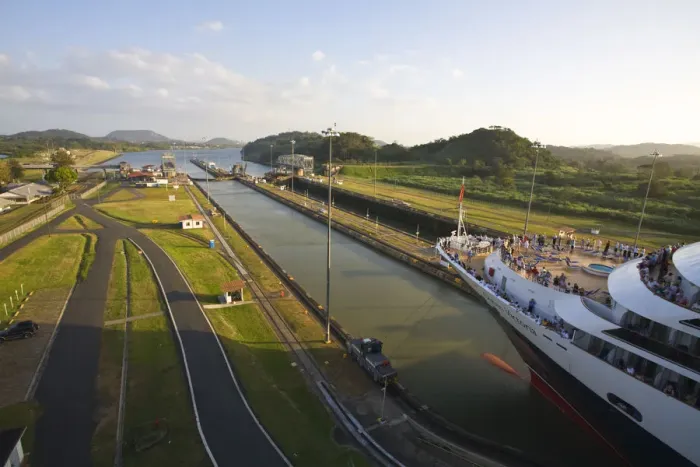 Framed Print : Panama, Panama Canal, Queen Victoria cruise ship on its maiden World Cruise transitting Framed Print : Panama, Panama Canal, Queen Victoria cruise ship on its maiden World Cruise transitting