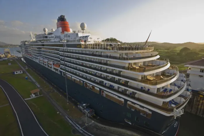 Framed Print : Panama, Panama Canal, Queen Victoria cruise ship on its maiden World Cruise transitting Framed Print : Panama, Panama Canal, Queen Victoria cruise ship on its maiden World Cruise transitting