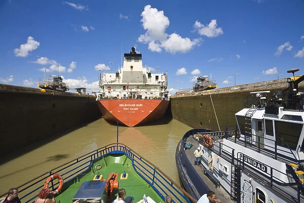 Panama, Panama Canal, Tanker and tourist boat in Miraflores Locks