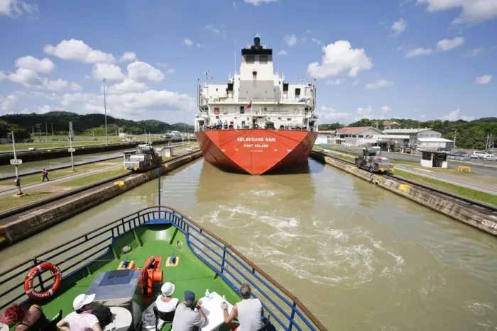 Framed Print : Panama, Panama Canal, Tanker and tourist boat in Miraflores Locks Framed Print : Panama, Panama Canal, Tanker and tourist boat in Miraflores Locks