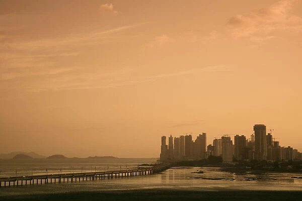 Panama, Panama City, City skyline and the Corredor Sur (Southern Corridor Expressway)