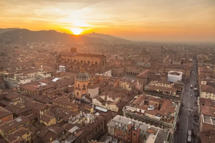 Framed Print : Panorama from Asinelli tower at sunset to Old city of Bologna with San Luca church in Framed Print : Panorama from Asinelli tower at sunset to Old city of Bologna with San Luca church in