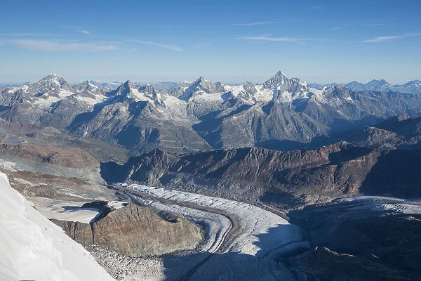 Panorama to Swiss side of Rosa mount glacier from Lyskamm high mountain crossing