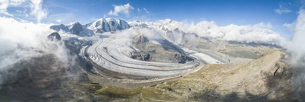 Panoramic aerial view of the Diavolezza and Pers glaciers, St. Moritz, canton of Graubunden