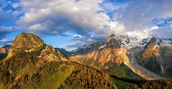 Panoramic aerial view of Mont Blanc at Val Ferret. Ferret Valley, Courmayeur, Aosta Valley, Italy