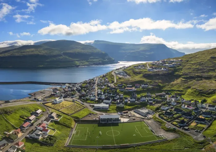 Framed Print : Panoramic aerial view of soccer field in the village of Eidi, Eysturoy island, Faroe Framed Print : Panoramic aerial view of soccer field in the village of Eidi, Eysturoy island, Faroe