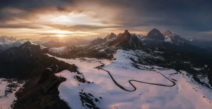 Framed Print : A panoramic aerial view taken from the Giau Pass during an early spring sunset. Dolomites, Italy Framed Print : A panoramic aerial view taken from the Giau Pass during an early spring sunset. Dolomites, Italy