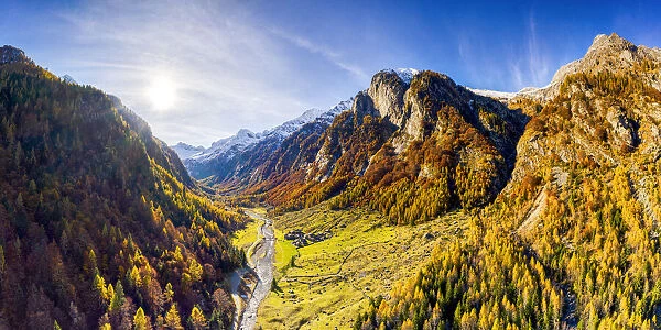 Panoramic aerial view of Val Bodengo during autumn. Valchiavenna, Valtellina, Lombardy