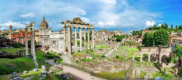 Panoramic of the ancient Roman Fora, Rome, Italy