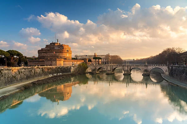 Panoramic of Castel Sant Angelo and river Tiber at sunrise, Rome, Lazio, Italy