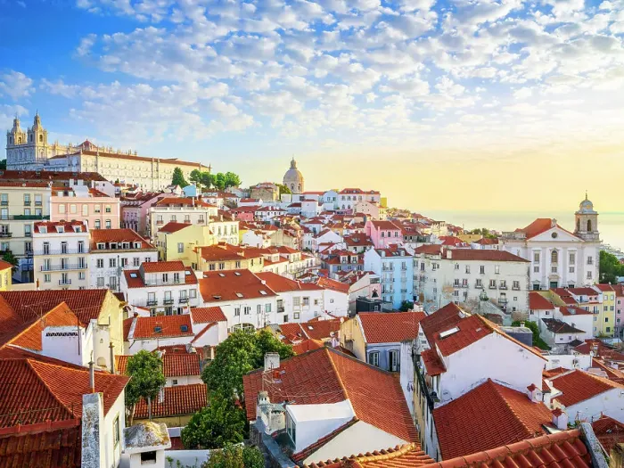 Framed Print : Panoramic Cityscape of historic Alfama with the National Pantheon and Sao Vicente de Fora Monastery, Lisbon, Portugal