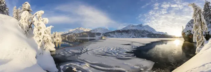 Framed Print : Panoramic of frozen Lake Sils, Plaun da Lej, Maloja Region, Canton of Graubunden Framed Print : Panoramic of frozen Lake Sils, Plaun da Lej, Maloja Region, Canton of Graubunden