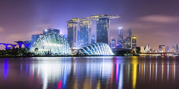 Panoramic of Marina Bay Sands and Gardens by the Bay at night, Singapore