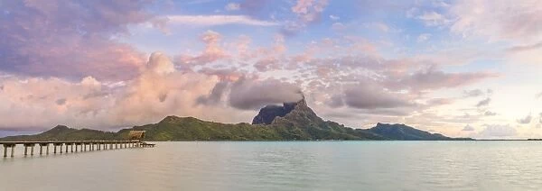 Panoramic of Mount Otemanu in the lagoon of Bora Bora at sunrise, French Polynesia