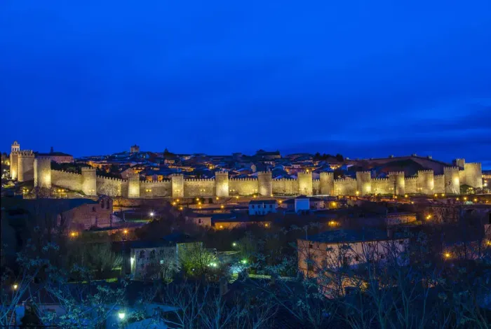 Framed Print : Panoramic night view of the medieval city walls illuminated, Avila, Castile and Leaon Framed Print : Panoramic night view of the medieval city walls illuminated, Avila, Castile and Leaon