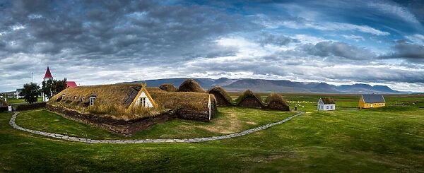 Panoramic photo of Glaumbaer historical museum, the oldest farm in Iceland, Skagafjordur