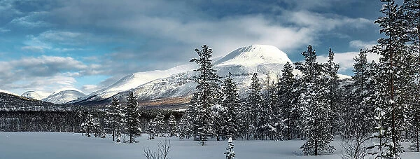Panoramic of the snowcapped mountains of Lyngen Alps surrounded by woods in winter, Tromso, Troms og Finnmark, Norway