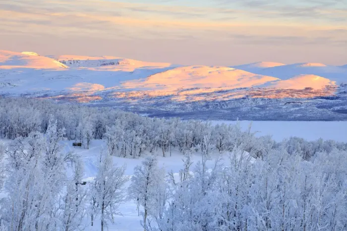 Framed Print : Panoramic of sunrise on the snowy landscape, Bjorkliden, Abisko, Kiruna Municipality Framed Print : Panoramic of sunrise on the snowy landscape, Bjorkliden, Abisko, Kiruna Municipality