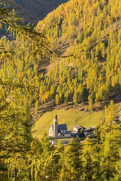 Panoramic vew of the alpine church of Madonna di Senales in autumn. Senales valley