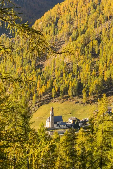 Framed Print : Panoramic vew of the alpine church of Madonna di Senales in autumn. Senales valley Framed Print : Panoramic vew of the alpine church of Madonna di Senales in autumn. Senales valley