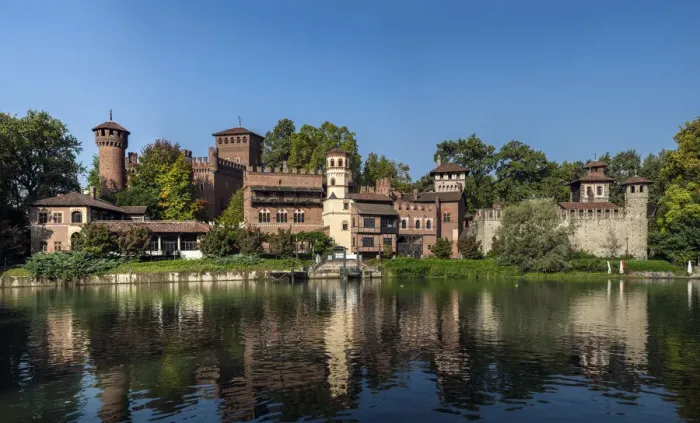 Framed Print : Panoramic view of Borgo Medievale fortress and Po River, Turin, Piedmont, Italy