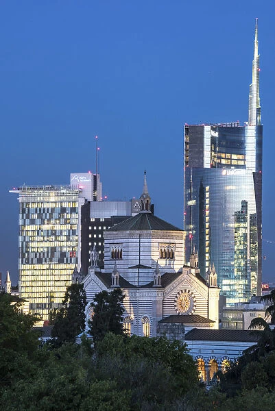 Panoramic view of Cimitero Monumentale and Unicredit Tower Milan, Lombardy, Italy, Europe