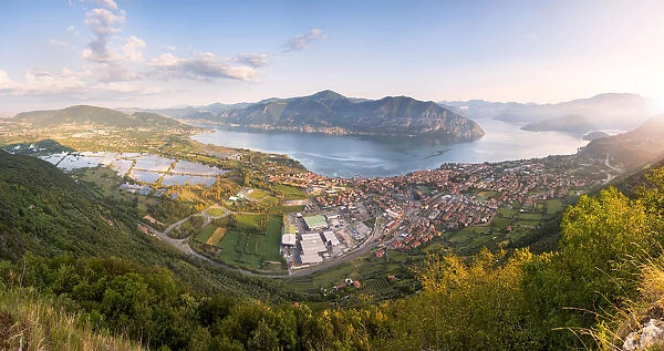 Panoramic view at dawn over Iseo lake, Brescia province in Lombardy district, Italy