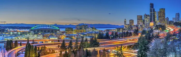 Framed Print : Panoramic view over Downtown skyline with Interstate 5 at twilight, Seattle, Washington, USA Framed Print : Panoramic view over Downtown skyline with Interstate 5 at twilight, Seattle, Washington, USA