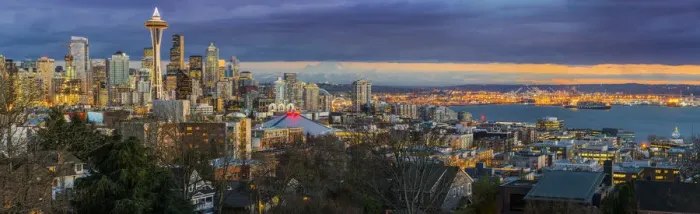 Framed Print : Panoramic view over Downtown skyline with Space Needle at dusk, Seattle, Washington, USA Framed Print : Panoramic view over Downtown skyline with Space Needle at dusk, Seattle, Washington, USA