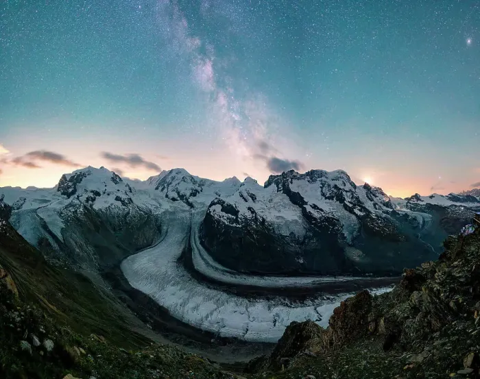 Framed Print : Panoramic view of Milky Way in the starry sky over Monte Rosa and Gorner Glacier, Gornergrat, Zermatt, Valais, Switzerland Framed Print : Panoramic view of Milky Way in the starry sky over Monte Rosa and Gorner Glacier, Gornergrat, Zermatt, Valais, Switzerland
