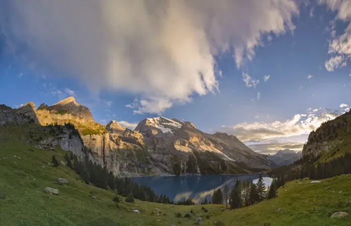 Framed Print : Panoramic view of Oeschinensee at sunset, Berner Oberland, Switzerland Framed Print : Panoramic view of Oeschinensee at sunset, Berner Oberland, Switzerland