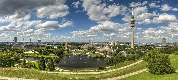 Panoramic view over the Olympic stadium and the Olympic tower or Olympiaturm, Olympiapark
