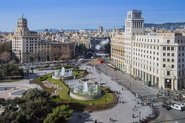 Panoramic view over Plaza de Catalunya, Barcelona, Catalonia, Spain