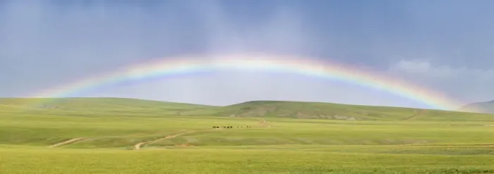 Framed Print : Panoramic view of a rainbow over the green Mongolian steppe. Ovorkhangai province Framed Print : Panoramic view of a rainbow over the green Mongolian steppe. Ovorkhangai province