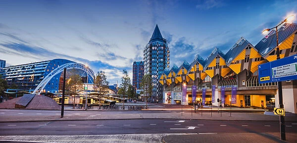 Panoramic view of Rotterdam Food Market and Cubic Houses by night, Holland  /  Netherlands