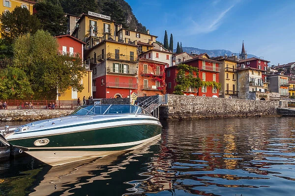 Panoramic view at sunset over the small village of Varenna, Lake Como, Lombardy, Italy