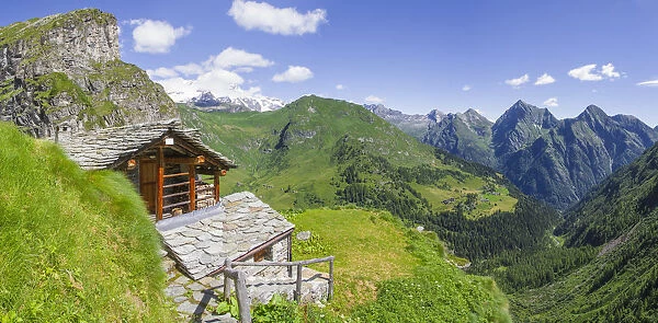 Panoramic viewfrom a hut along tailly lakes trail. Alagna, Aosta valley, Italy