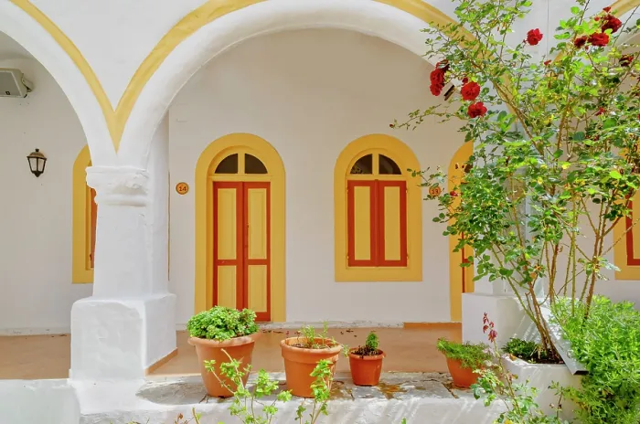 Framed Print : Panormitis monastery interior patio, Panormitis, Symi Island, Dodecanese Islands, Greece Framed Print : Panormitis monastery interior patio, Panormitis, Symi Island, Dodecanese Islands, Greece