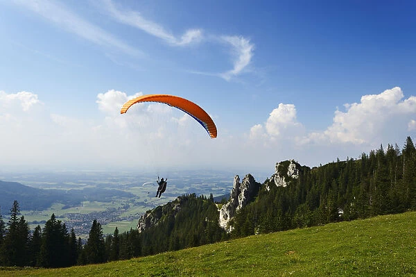 Paraglider at Kampenwand, Chiemgau, Upper Bavaria, Bavaria, Germany