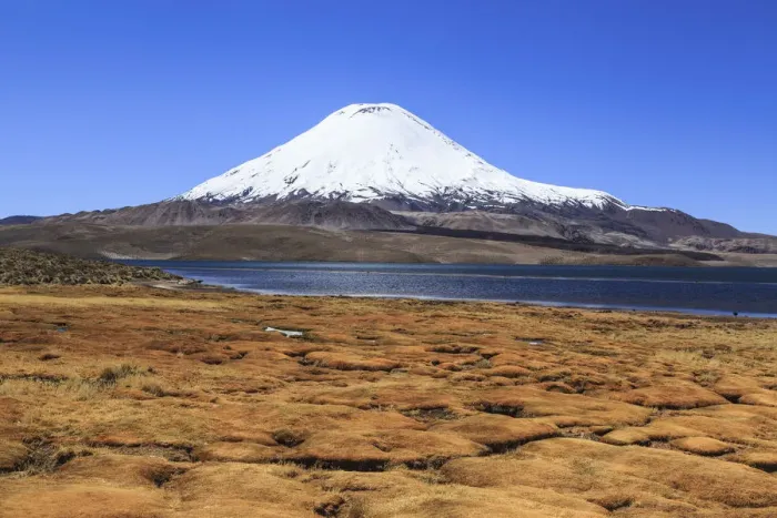 Framed Print : Parinacota Volcano and Chungara Lake in Lauca National Park, Arica & Parinacota Region