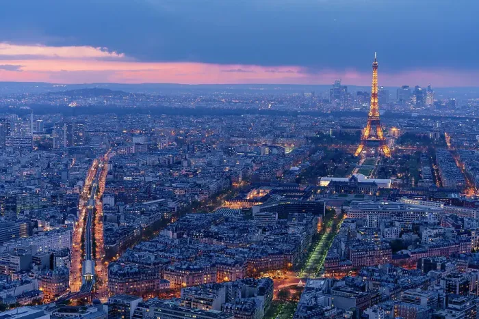 Framed Print : Paris by night from above, streets and Tour Eiffel illuminated after sunset. France Framed Print : Paris by night from above, streets and Tour Eiffel illuminated after sunset. France