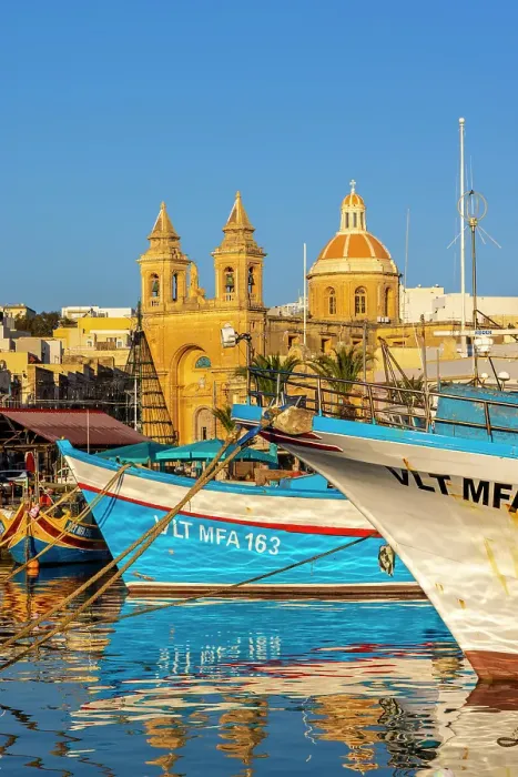 Framed Print : Parish Church of Our Lady of Pompei and Fishing Harbour, Marsaxlokk, Malta, Southern Europe Framed Print : Parish Church of Our Lady of Pompei and Fishing Harbour, Marsaxlokk, Malta, Southern Europe