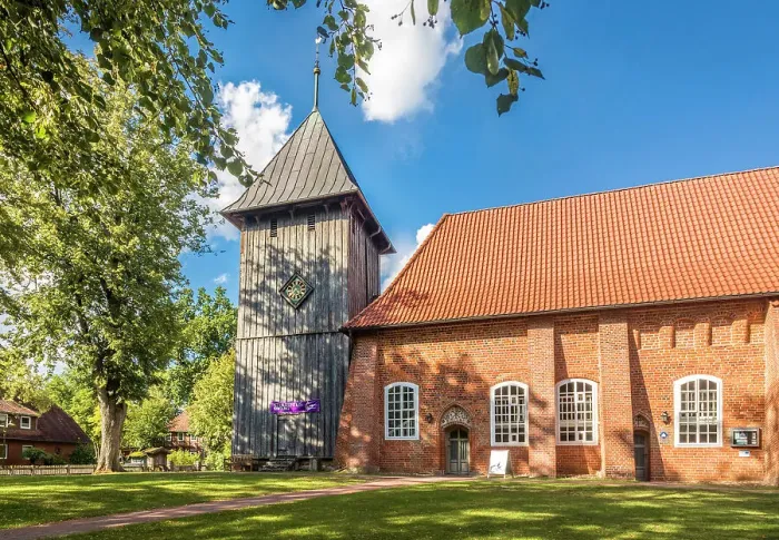 Framed Print : Parish church of Laurentius in the village of Mueden (Oertze), Luneburg Heath, Lower Saxony, Germany