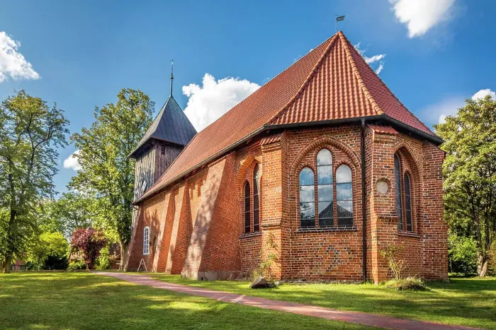 Framed Print : Parish church of Laurentius in the village of Mueden (Oertze), Luneburg Heath, Lower Saxony, Germany