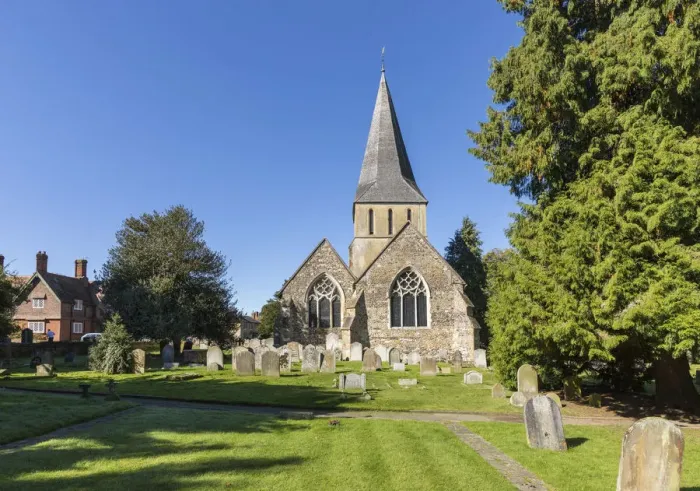 Framed Print : Parish Church in Shere - Location for the film The Holiday - Surrey, England Framed Print : Parish Church in Shere - Location for the film The Holiday - Surrey, England