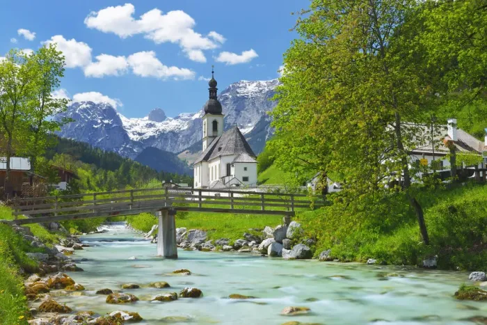 Framed Print : Parish church St. Sebastian, Ramsauer Ache, Reiteralpe in the background, Ramsau Framed Print : Parish church St. Sebastian, Ramsauer Ache, Reiteralpe in the background, Ramsau