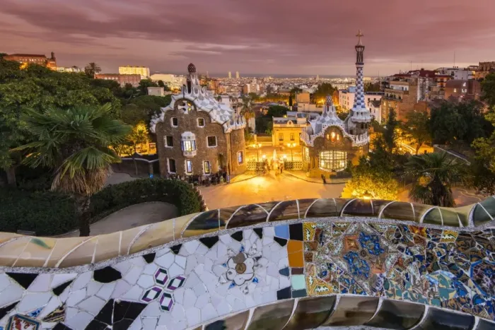 Framed Print : Park Guell with city skyline behind at dusk, Barcelona, Catalonia, Spain