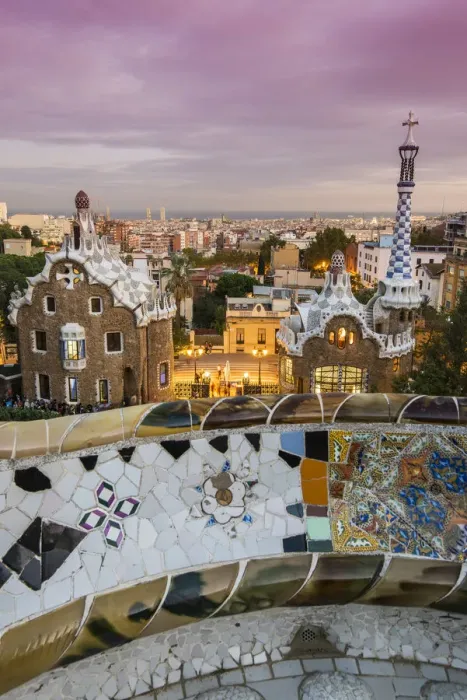 Framed Print : Park Guell with city skyline behind at dusk, Barcelona, Catalonia, Spain Framed Print : Park Guell with city skyline behind at dusk, Barcelona, Catalonia, Spain