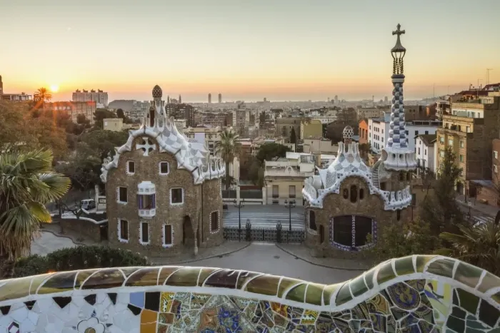 Framed Print : Park Guell with city skyline behind at sunrise, Barcelona, Catalonia, Spain