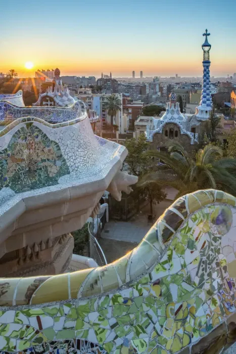 Framed Print : Park Guell with city skyline behind at sunrise, Barcelona, Catalonia, Spain